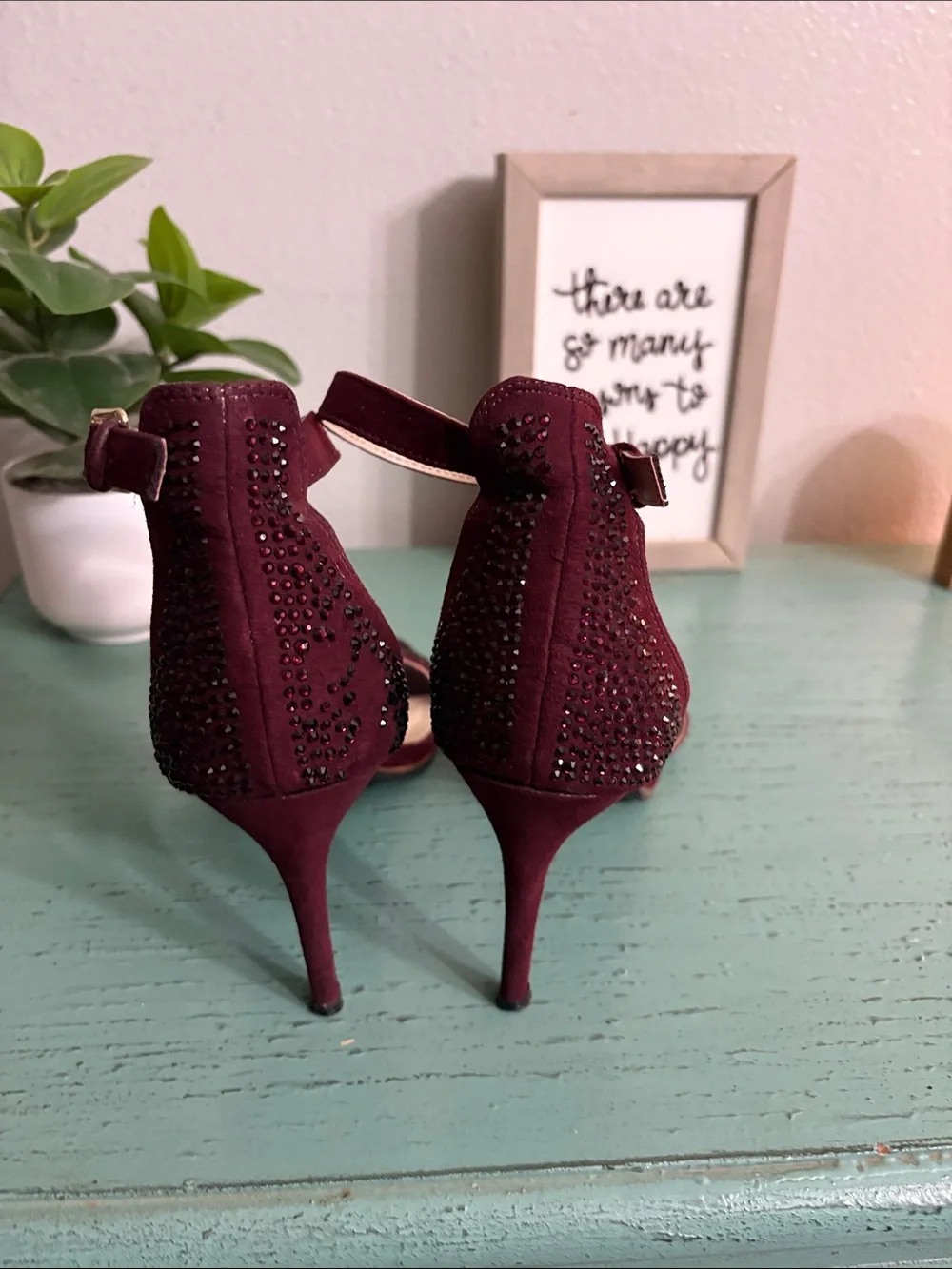 Marc Fisher Wine Red Suede Ankle-Strap Heels with Embellished Toe